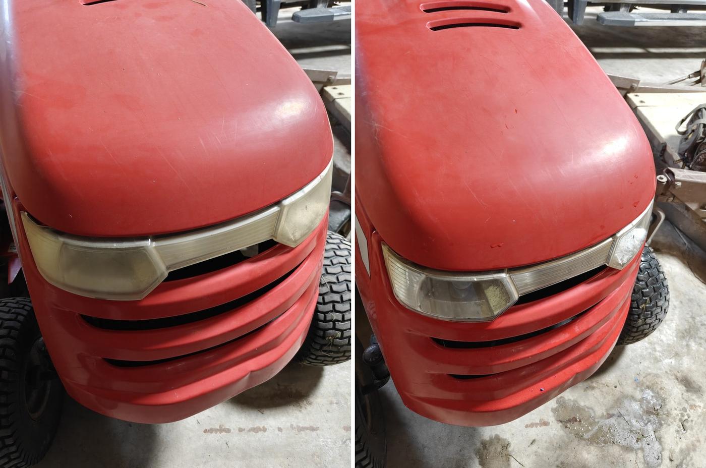 Before and after headlight restoration on a red lawn tractor